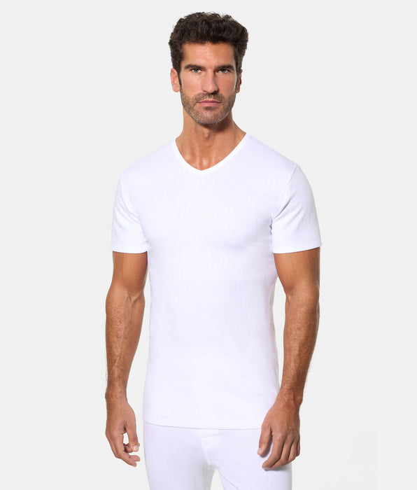 Abanderado Men's 100% Cotton V-Neck Short-Sleeved Thermal T-Shirt, White