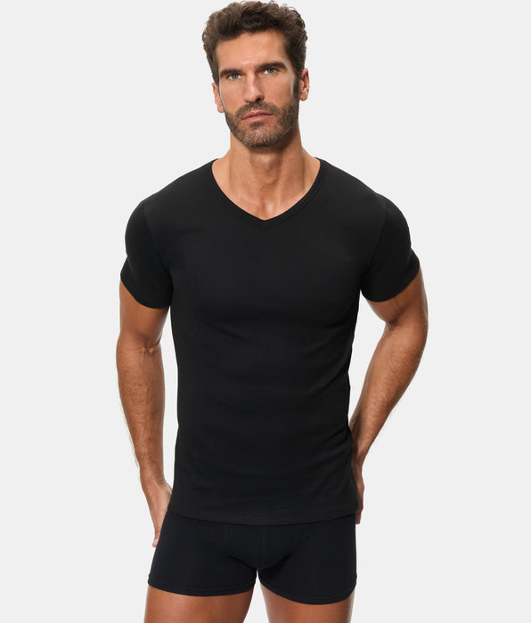 Abanderado Men's Black 100% Cotton Short-Sleeved V-Neck Thermal T-Shirt