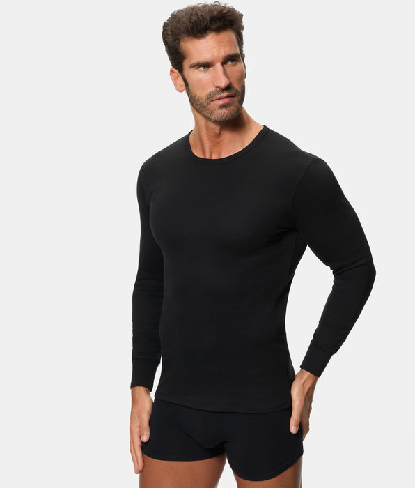Abanderado Men's Long Sleeve Thermal T-Shirt with Round Neck, 100% Cotton, Black