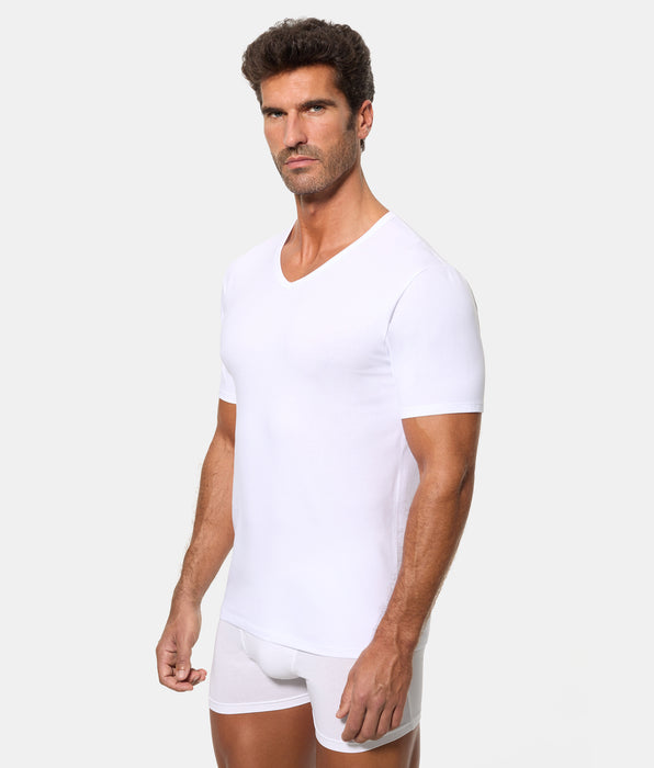 Abanderado Men's Short-Sleeved V-Neck T-Shirt with Regul'activ Thermoregulatory Technology in Stretch Cotton, White
