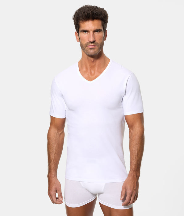 Abanderado Men's Short-Sleeved V-Neck T-Shirt with Regul'activ Thermoregulatory Technology in Stretch Cotton, White