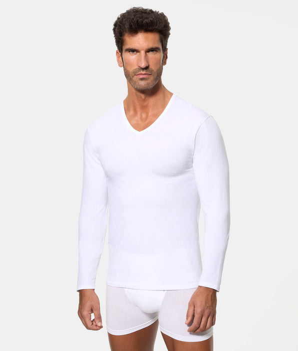 Abanderado Men's Long-Sleeved V-Neck T-Shirt with Regul'activ Thermoregulatory Technology in Stretch Cotton, White