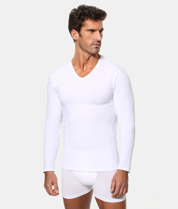 Abanderado Camiseta de Manga Larga Cuello Pico Tecnología Termorreguladora Regul'activ Algodón Elástico blanca hombre