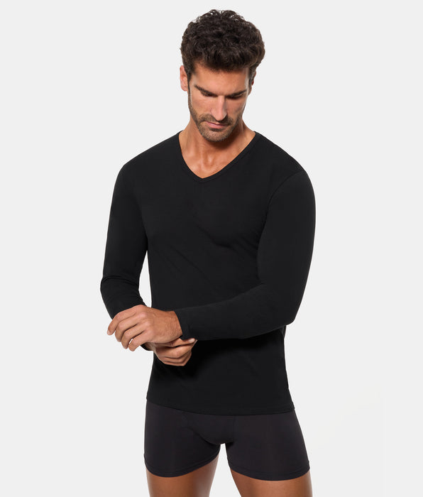 Abanderado Men's Long-Sleeved V-Neck T-Shirt with Regul'activ Thermoregulatory Technology in Stretch Cotton, Black