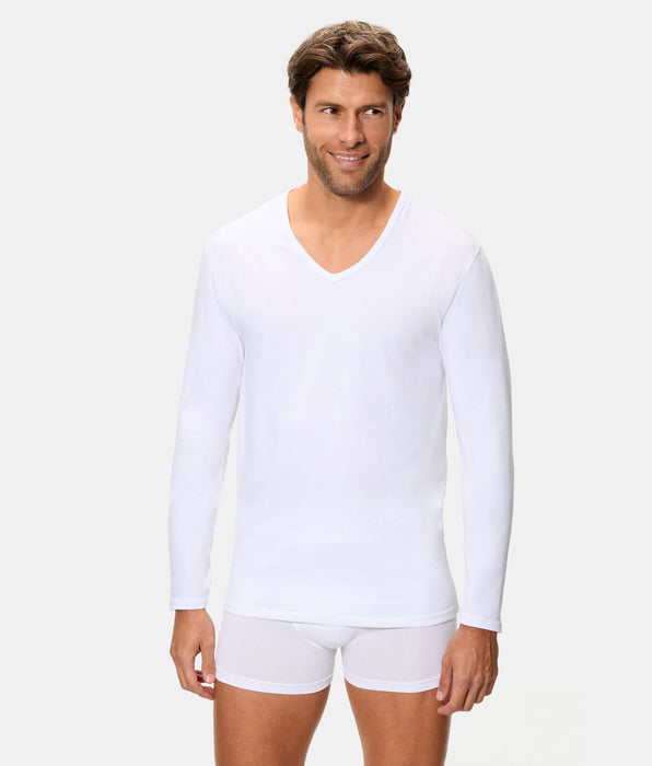 Abanderado Camiseta de Manga Larga Cuello Pico Tecnología Termorreguladora Regul'activ Algodón Elástico blanca hombre